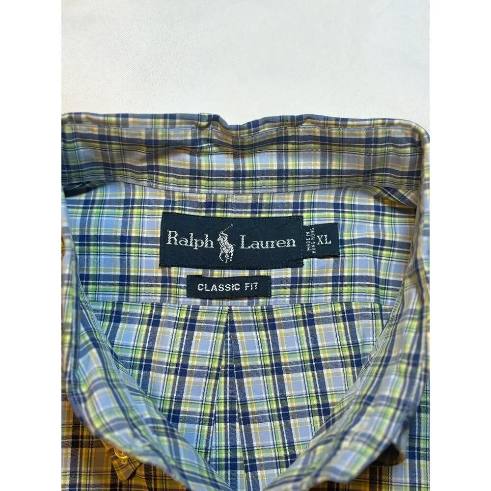 Ralph Lauren XL Classic Fit Madras 100% Cotton Plaid Shirt Blue Green Pony VTG